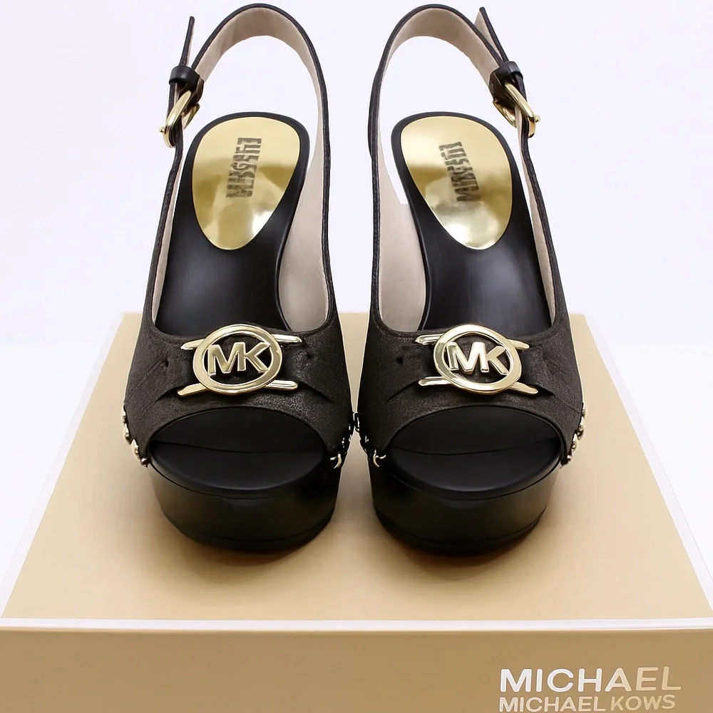 MICHAEL Michael Kors Platform Wedge Brown Monogram Gold Stud Slingback